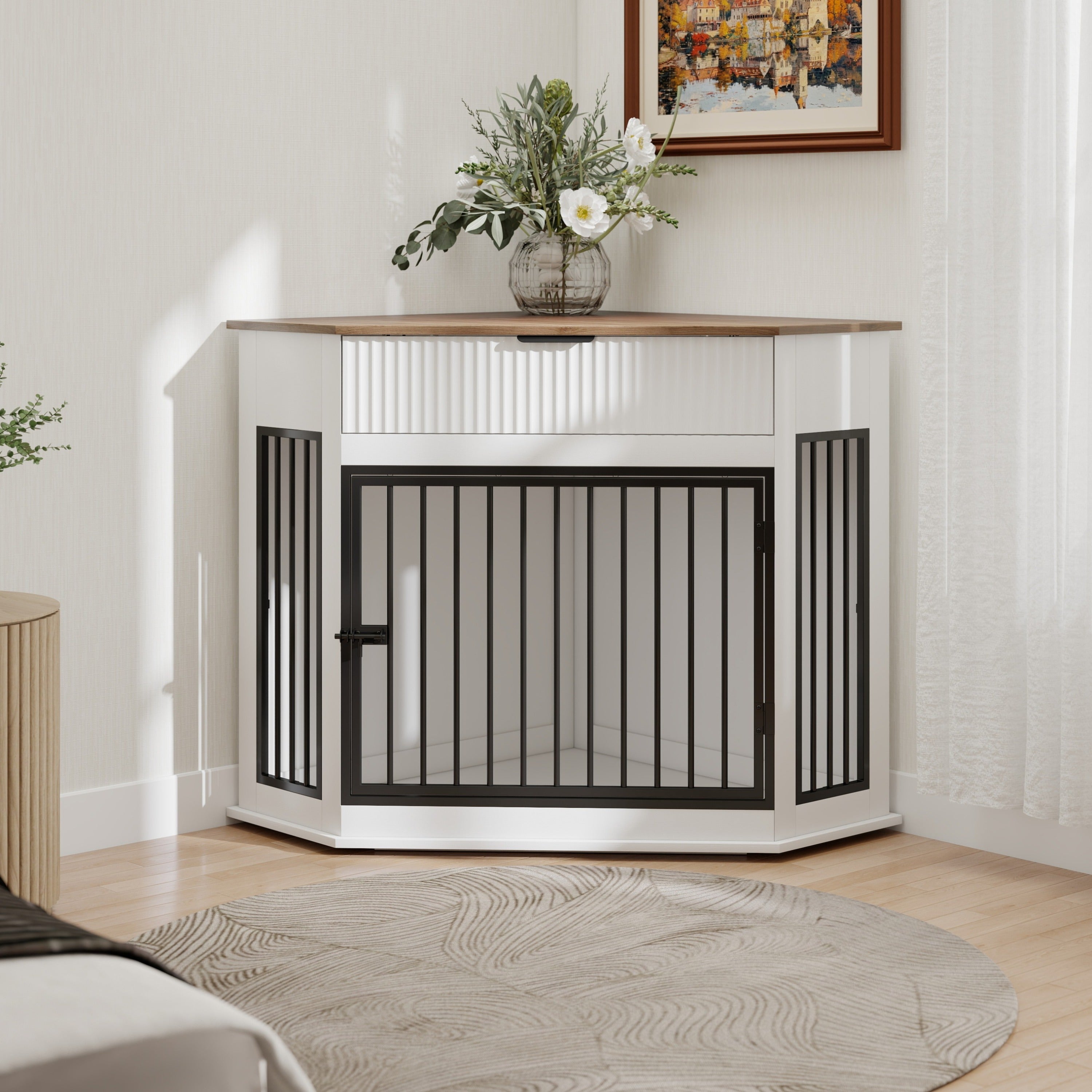 Corner Dog Crate — Fluted Drawer