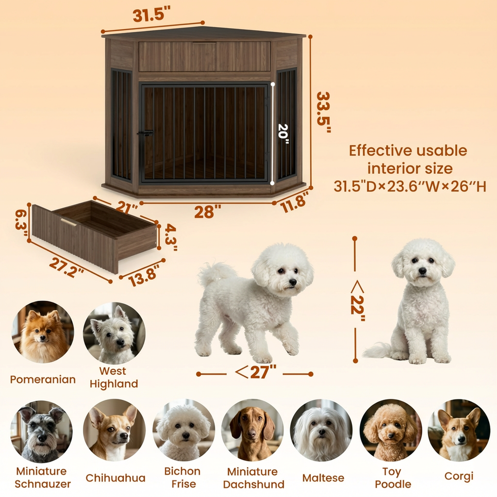 Corner Dog Crate — Fluted Drawer