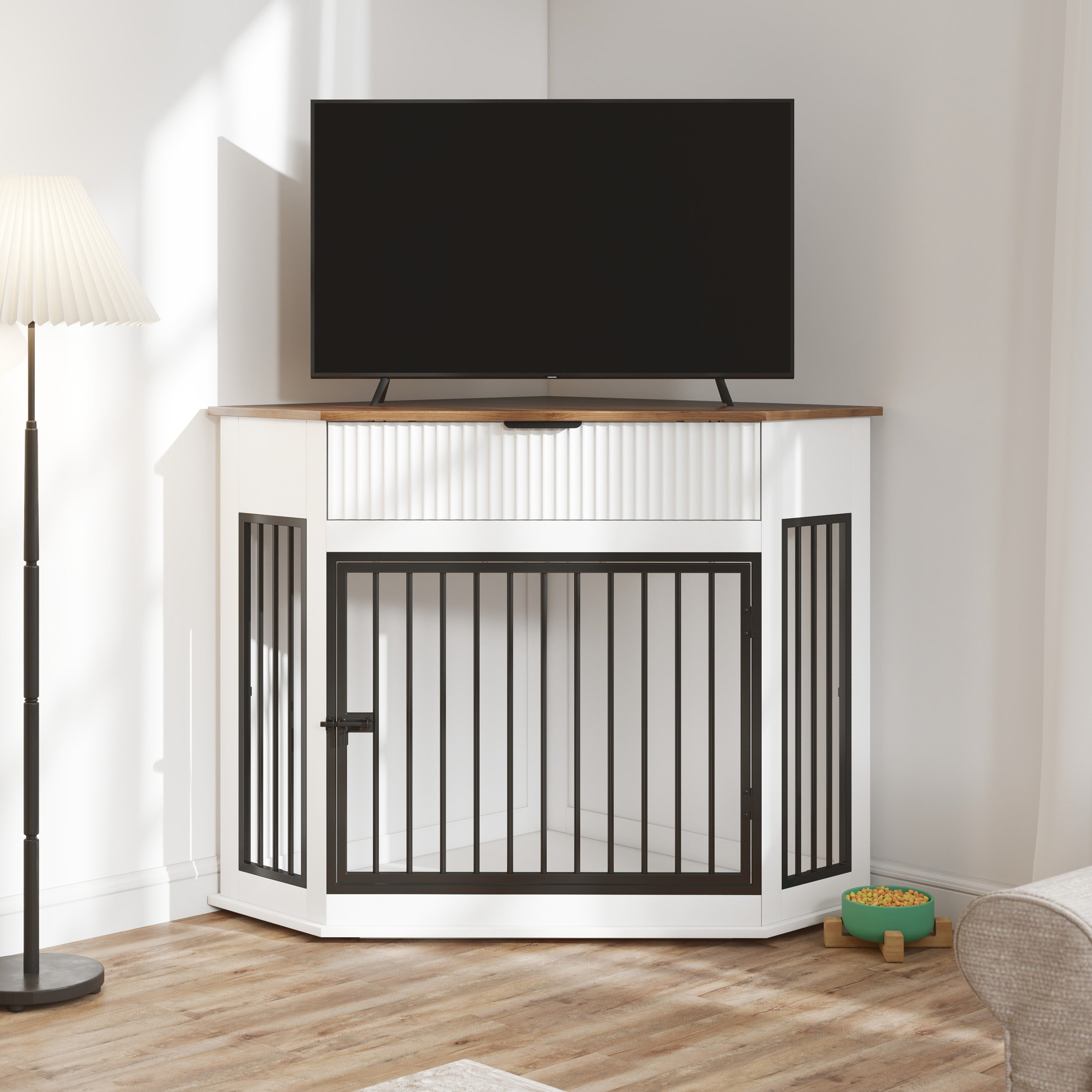 Corner Dog Crate — Fluted Drawer