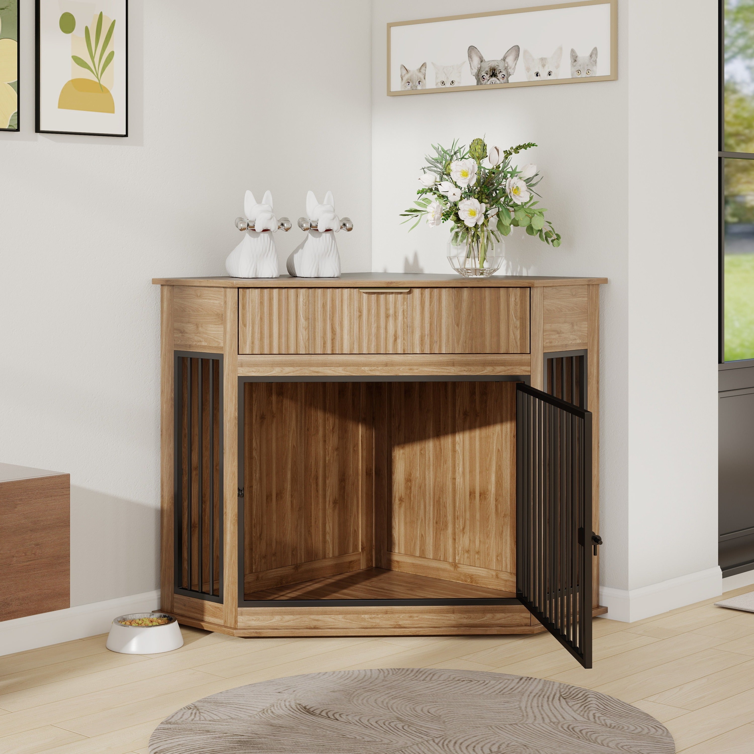 Corner Dog Crate — Fluted Drawer