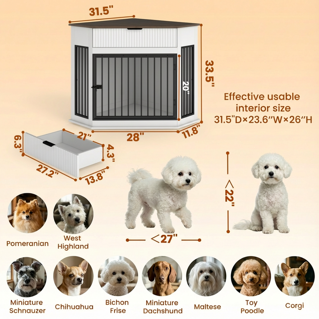 Corner Dog Crate — Fluted Drawer